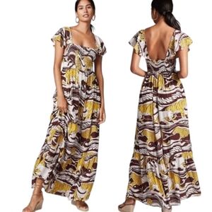 ANTHROPOLOGIE Panther Print Ruffled Maxi Dress - Size XS